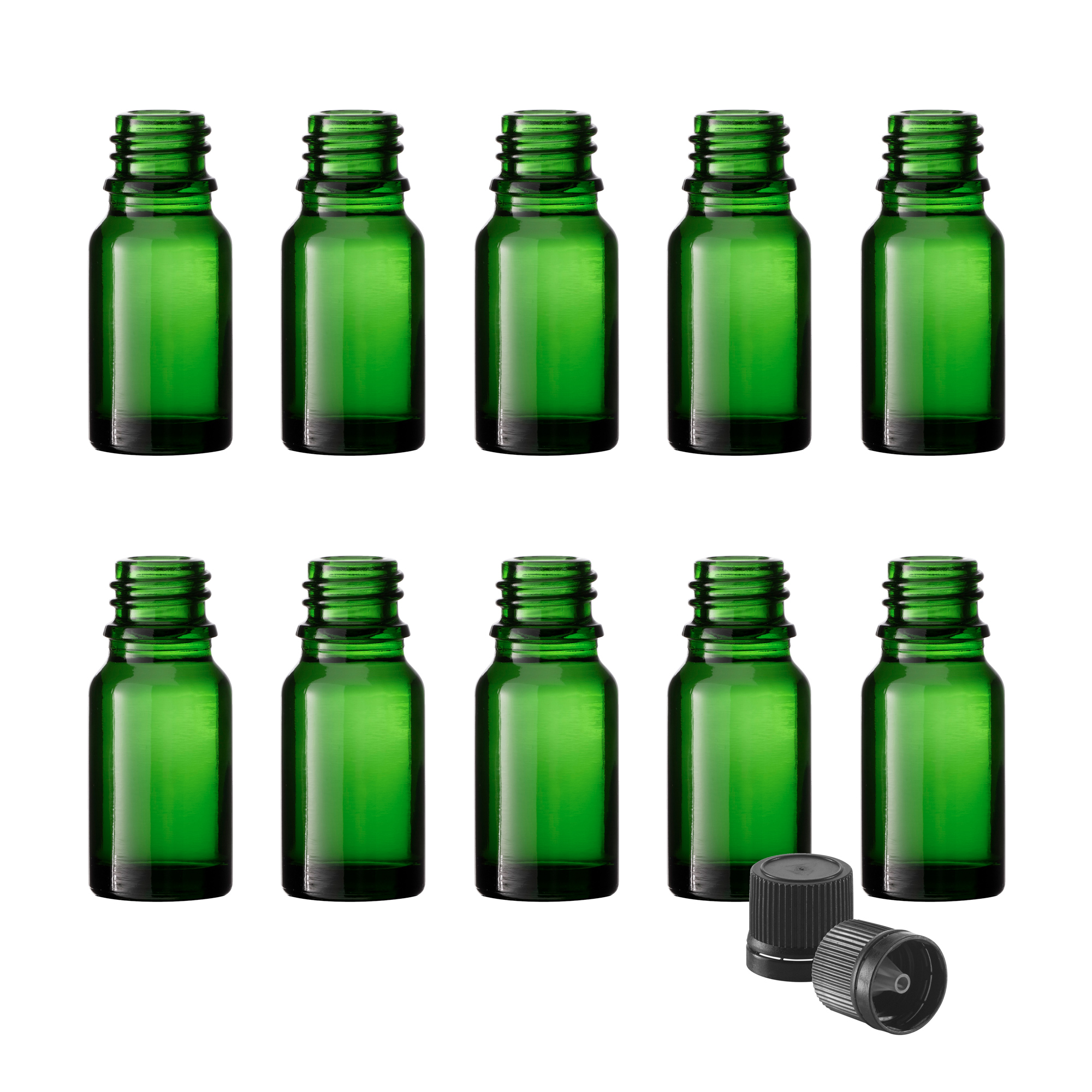 10x Tropfflaschen aus Grünglas, 10 ml,  Schraubverschluss mit Tropfeinsatz