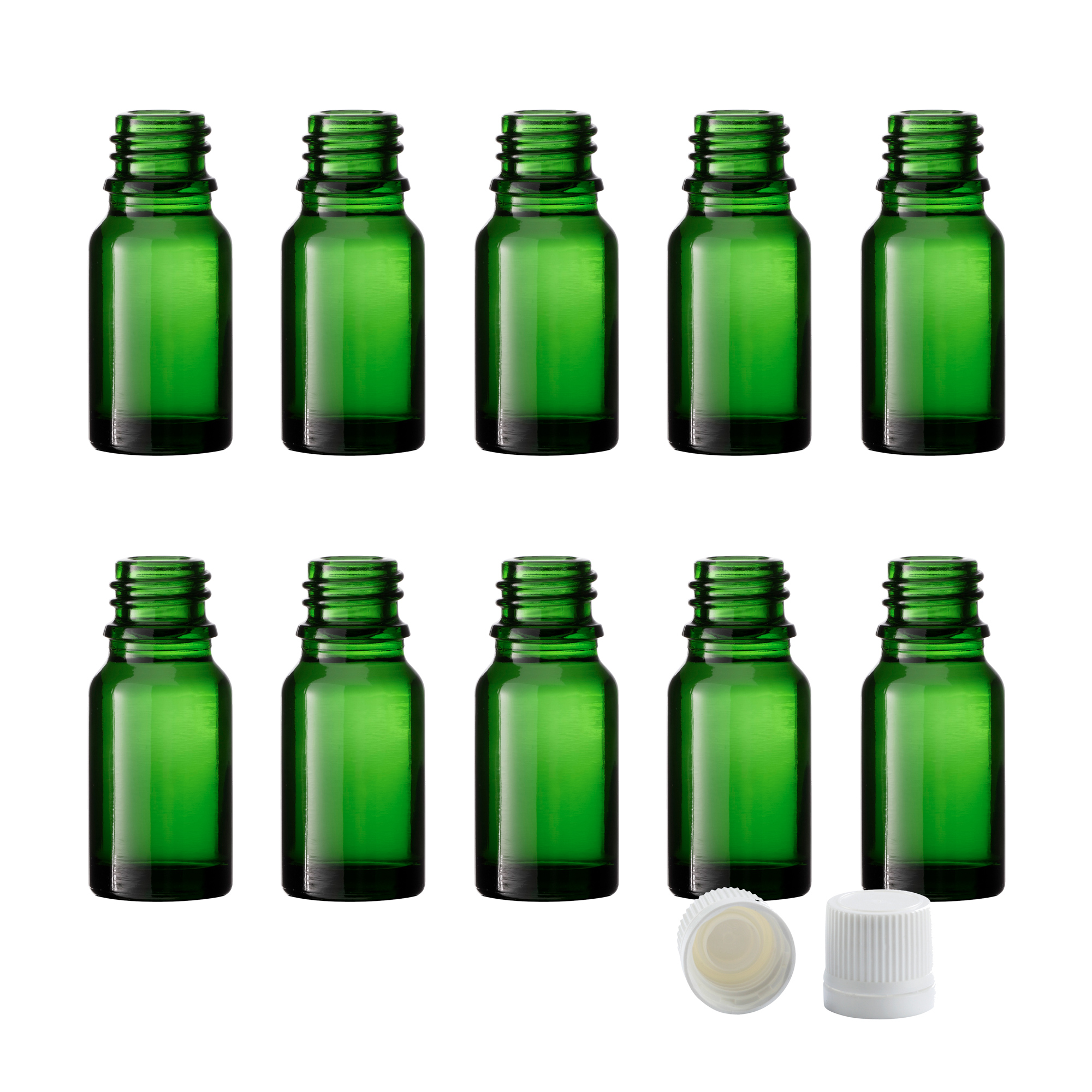 10x Tropfflaschen aus Grünglas, 10 ml,  Schraubverschluss mit Dichtkonus