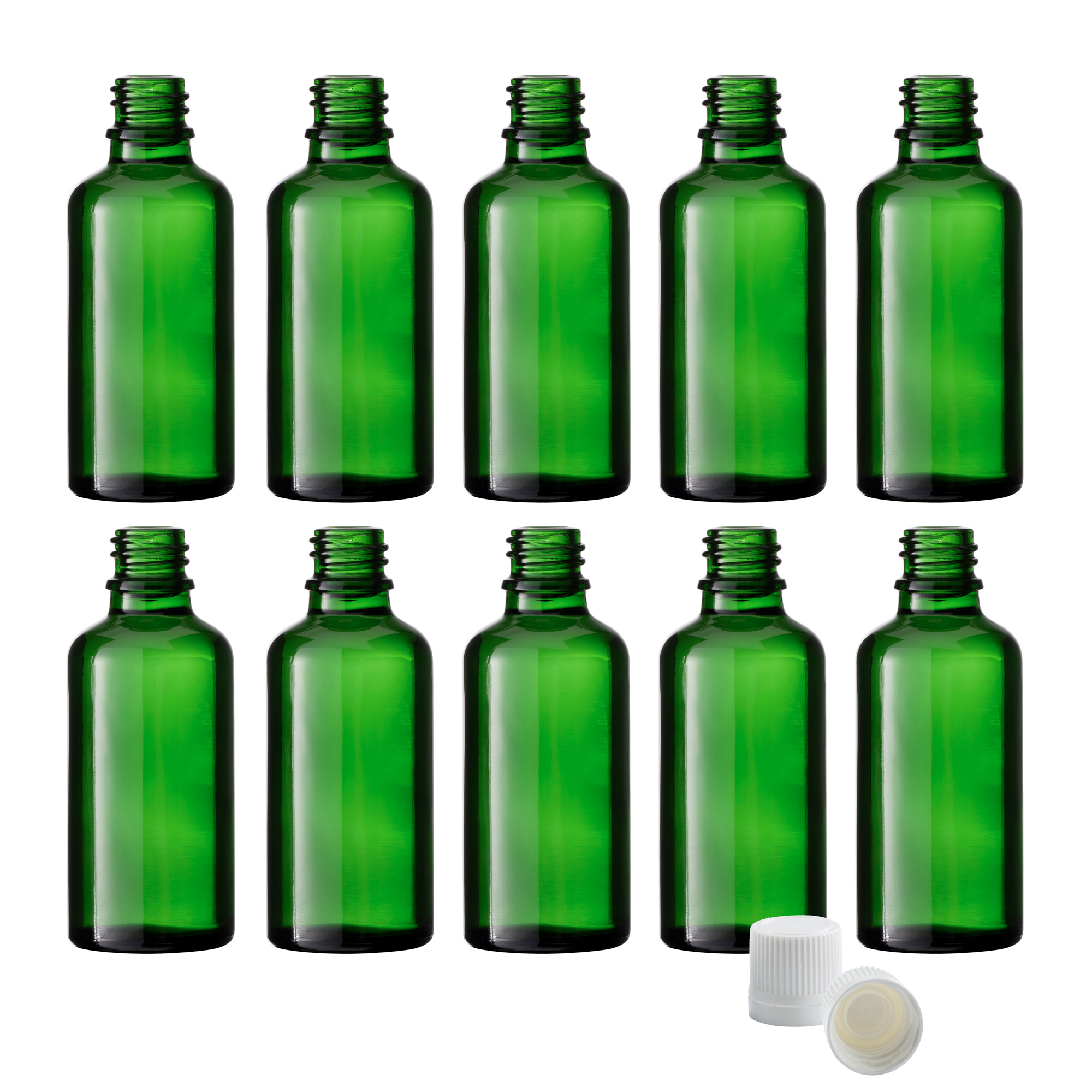 10x Tropfflaschen aus Grünglas, 50 ml,  Schraubverschluss mit Dichtkonus
