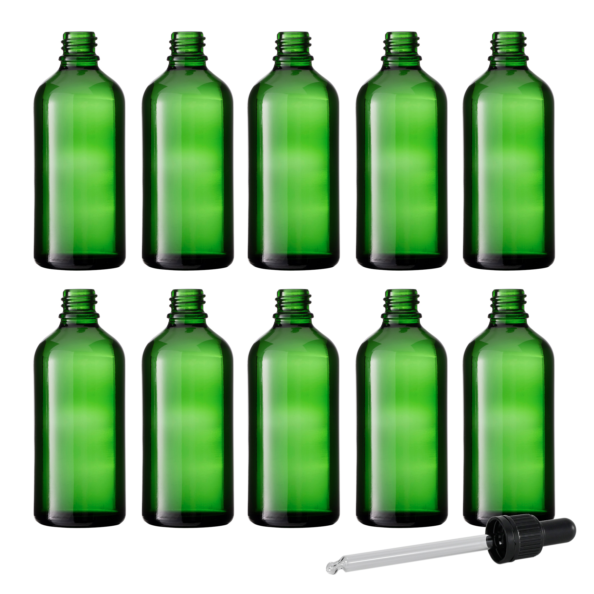 10x Tropfflaschen aus Grünglas, 100 ml,  Schraubverschluss mit Glaspipette