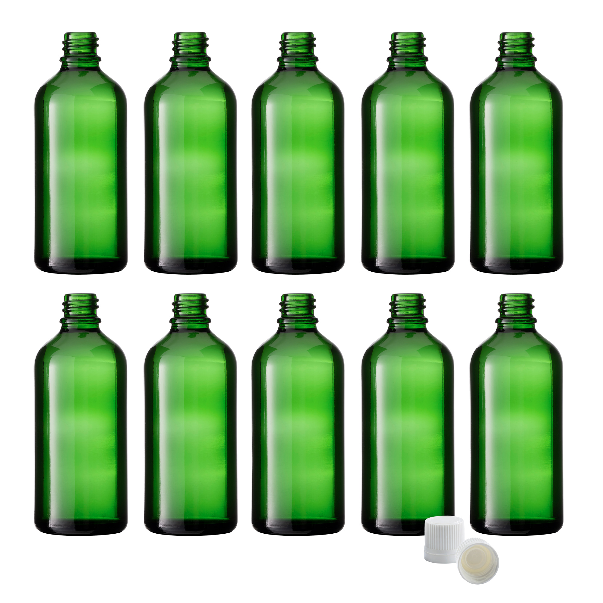 10x Tropfflaschen aus Grünglas, 100 ml,  Schraubverschluss mit Dichtkonus